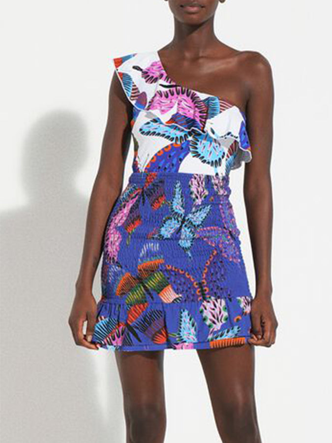 One-Shoulder Ruffle Print One-Piece Swimsuit and Skirt