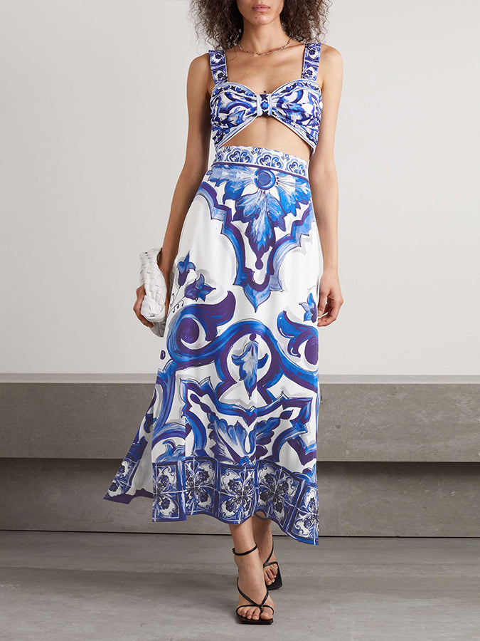 Fashion Vintage Print Bikini Swimsuit Set And Skirt