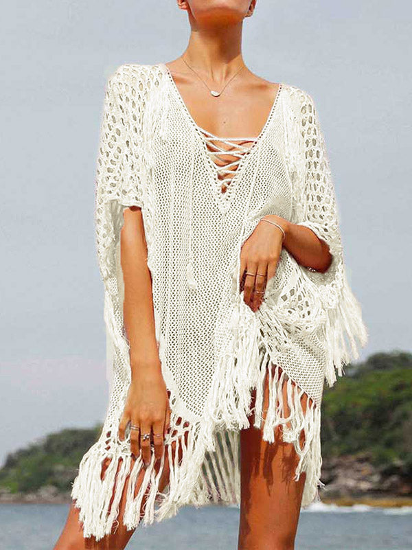 Crochet See-Through Half Sleeves Cover-Ups Tops