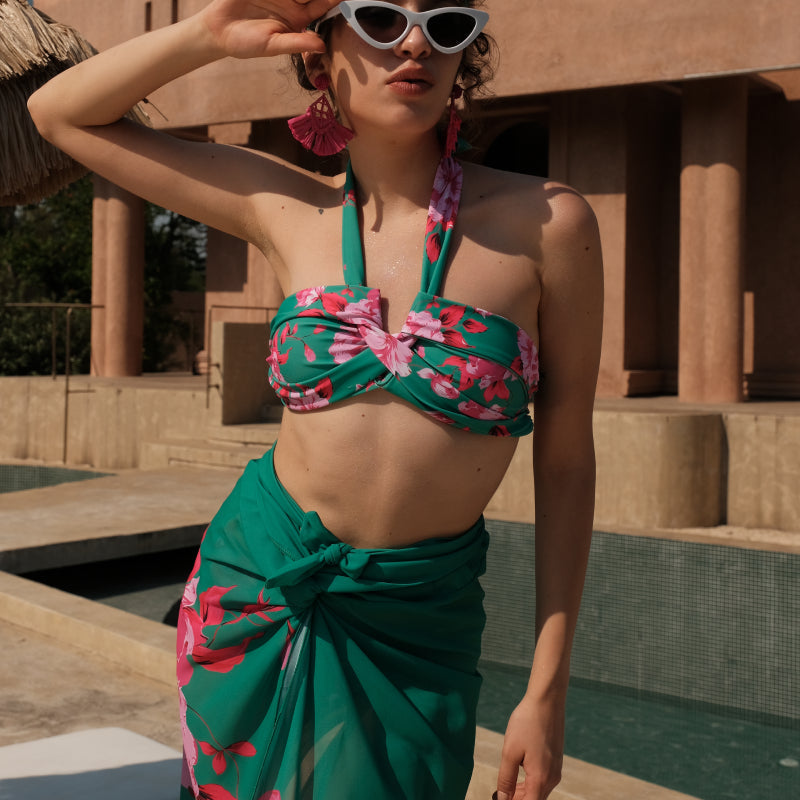 Floral Printed Halter Bikini Swimsuit and Sarong