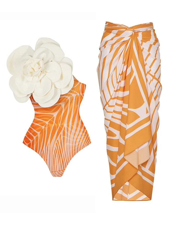 Stripe Print One Piece Swimsuits and Cover Up