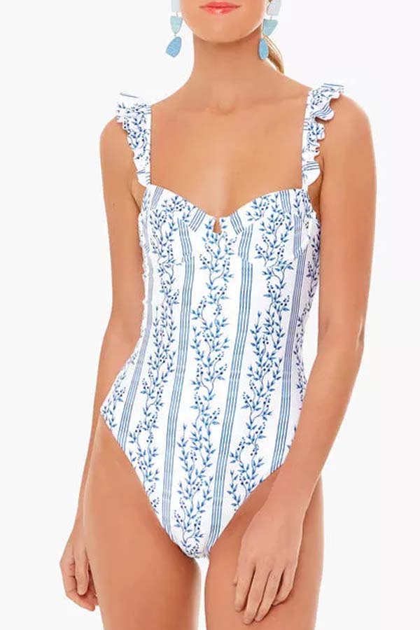 Blue Printed One Piece Swimsuit and Coverup