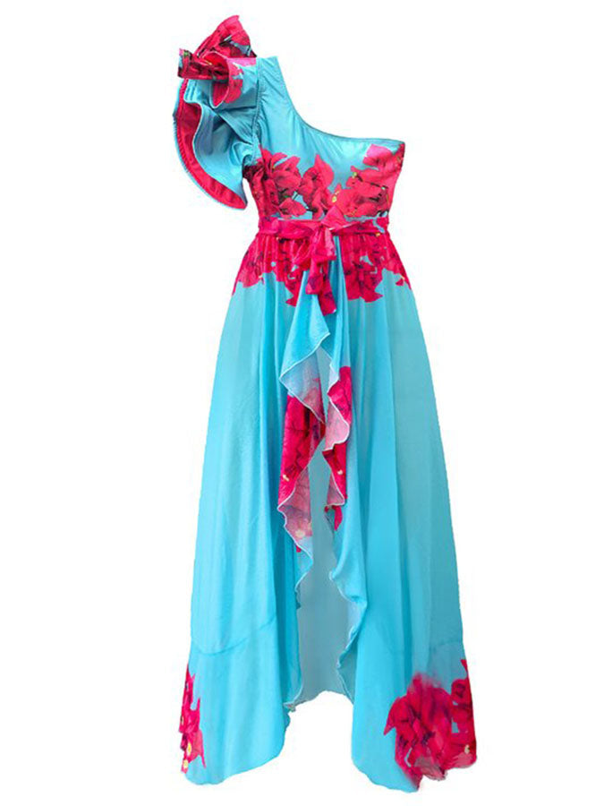 Fashion Floral Print Ruffle Colorblock One-Piece Swimsuit