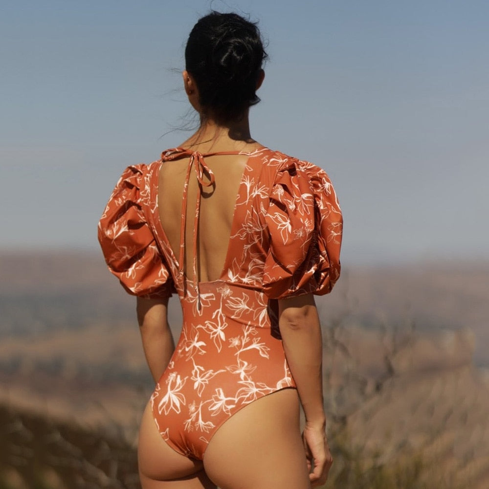 V Neck Puff Sleeve Backless One Piece Swimsuit