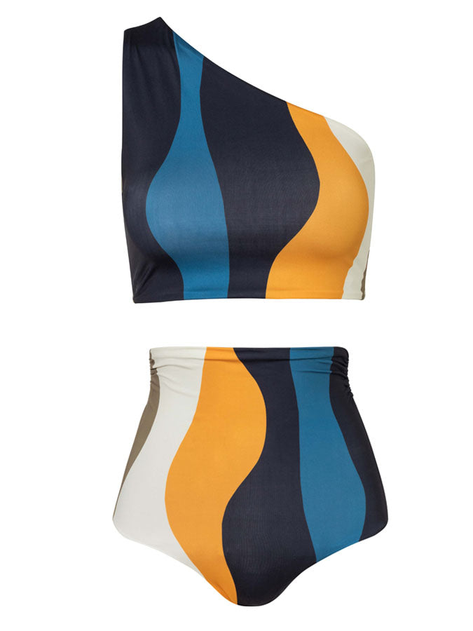 Vintage Colorblock Print Swimsuit Set