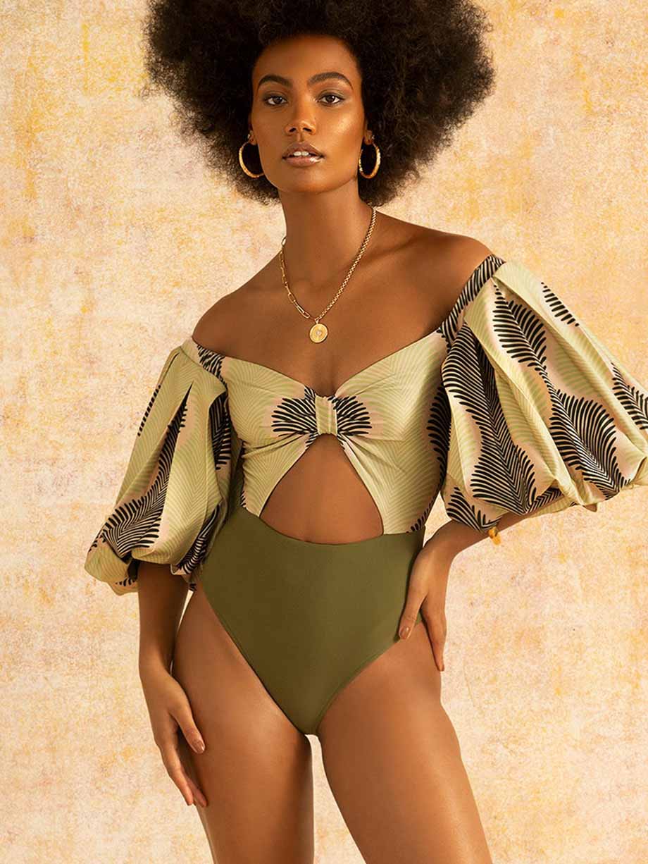 Vintage Colorblock Print One-Piece Swimsuit Set