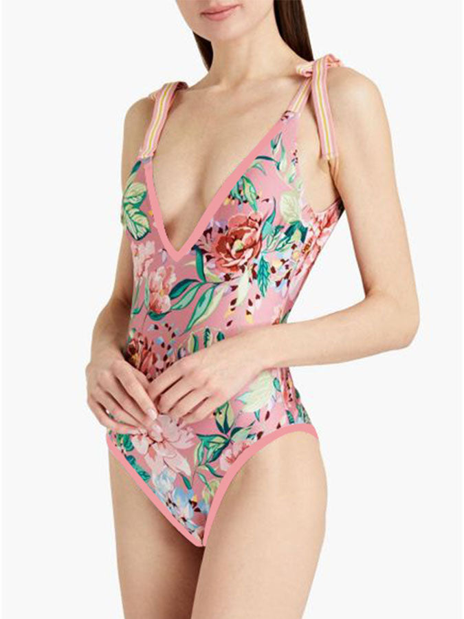 Deep V Floral Print One-Piece Swimsuit Set
