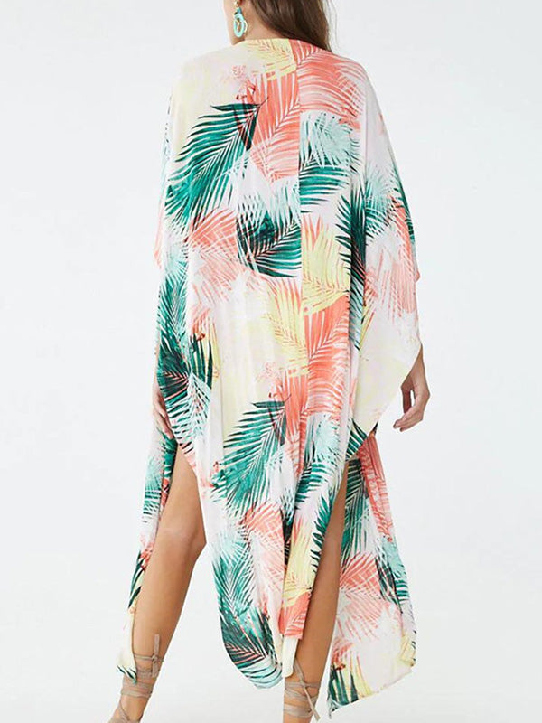 Colorful Leaf Printing Cardigan Loose Vacation Beach Cover-Up Swimwear