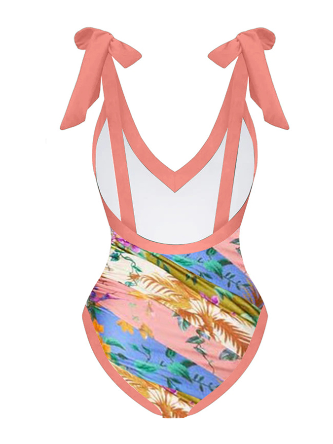 Deep V Vintage Print One Piece Swimsuit Set