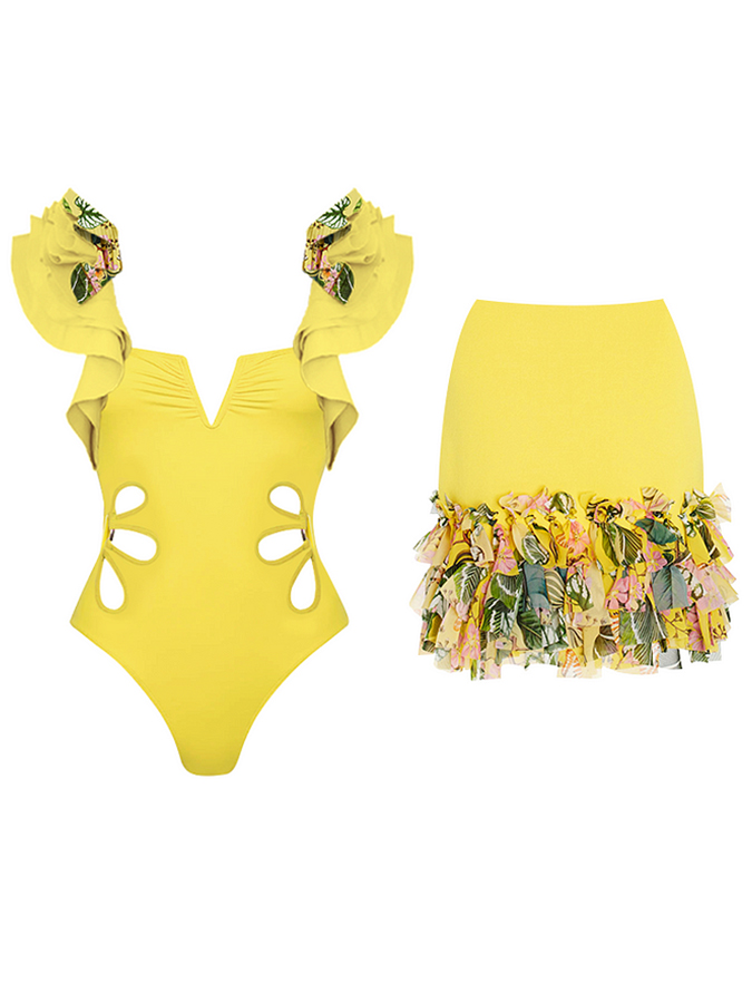 Floral Print One Piece Swimsuit and Skirt