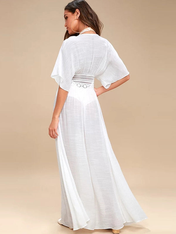 Deep V-Neck Solid Color Empire Bandage Lace-Up Cover-Up Swimwear