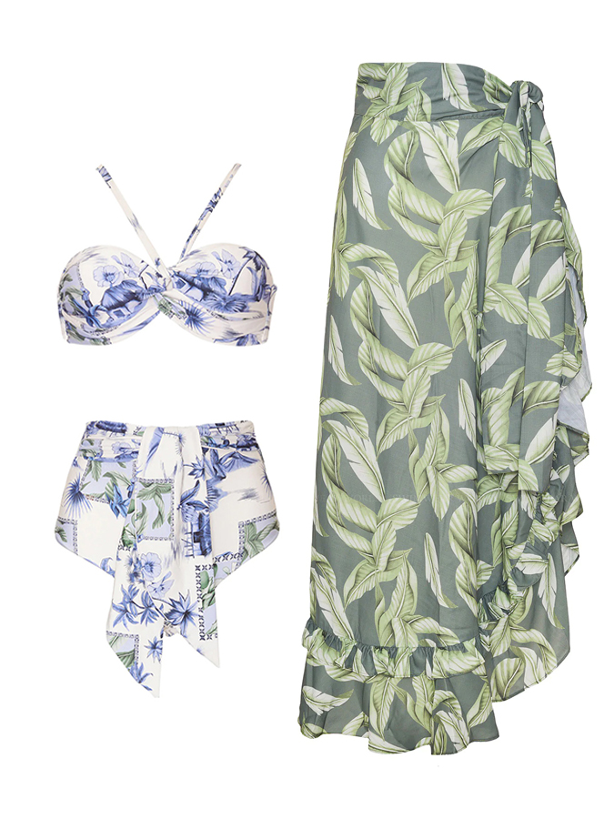 Vintage Floral Print Ruffle One Piece Swimsuit And Cover Up
