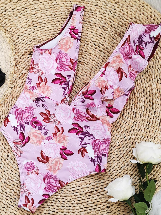 Printed One-Shoulder Ruffle Fashion One-Piece Swimsuit