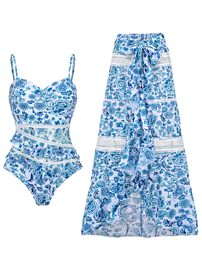 Blue Printed Panel Lace Swimsuit and Skirt