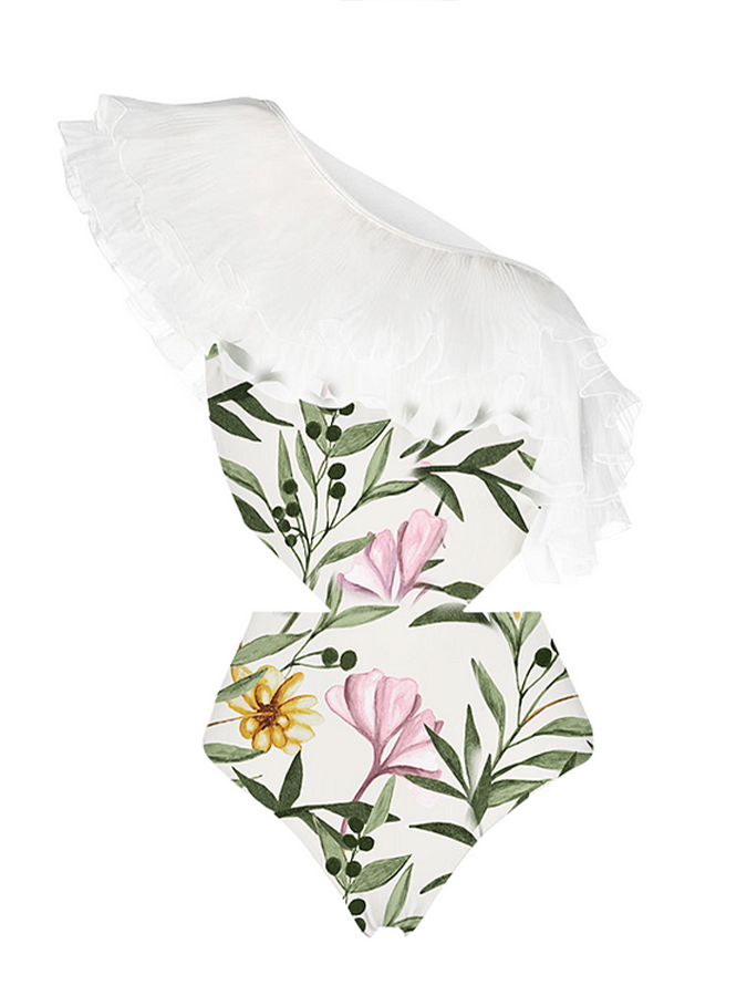 Ruffle One Shoulder Floral Printed Swimsuit and Skirt