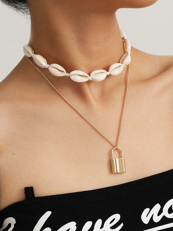 Fashion Mix And Match Shell Lock Double-Layer Necklace