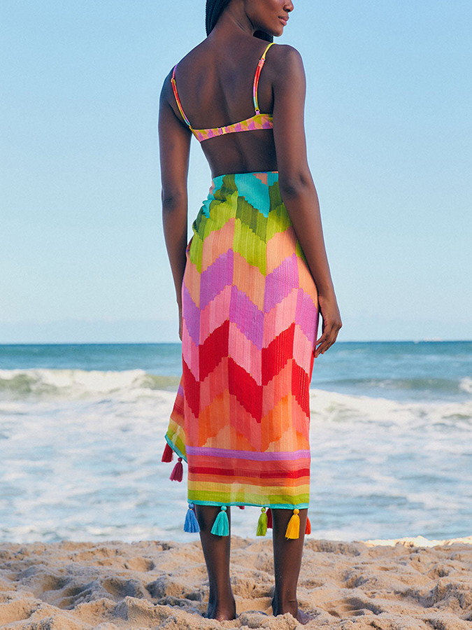 Fashion Rainbow Colorblock Beach Bikini Fringe Set