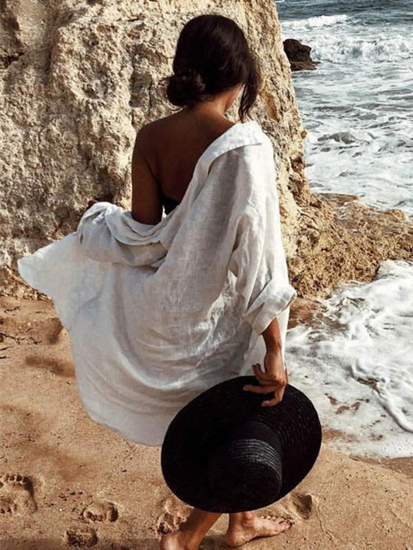 Simple Solid Color Button Long Sleeve Shirt-Style Cover-Up Swimwear