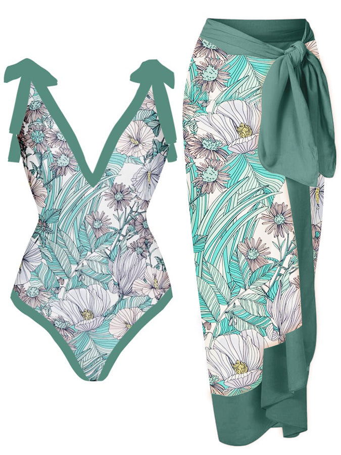 Printed Lace-Up One Piece Swimsuit & Cover up