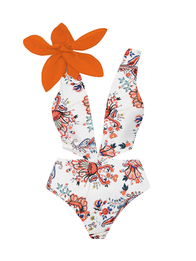 Vintage Floral Print One Piece Swimsuit And Cover up
