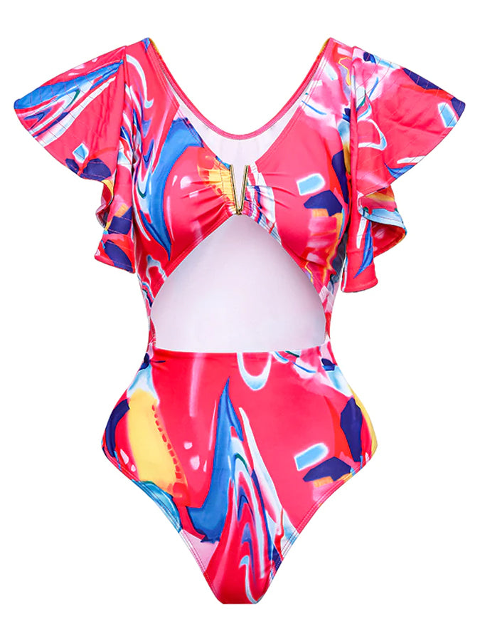 Printed Cutouts One-Piece Swimsuit and Cover-Up