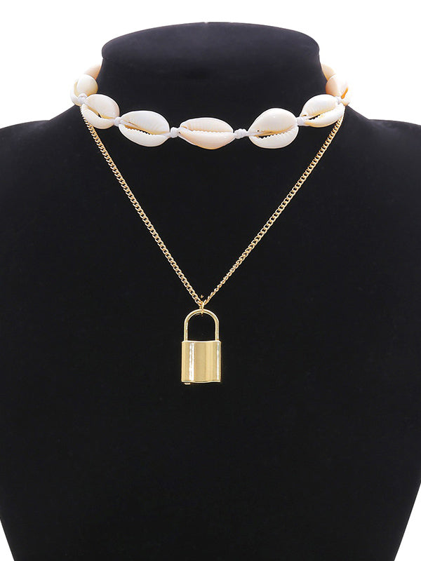 Fashion Mix And Match Shell Lock Double-Layer Necklace
