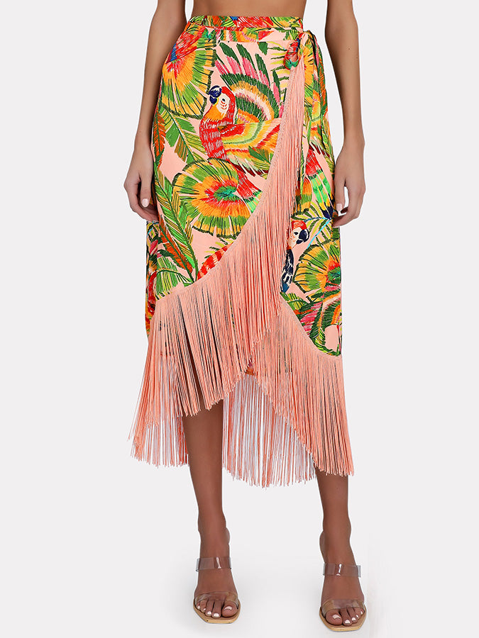 Vintage One-Shoulder Embroidered Print Bikini And Fringe Skirt