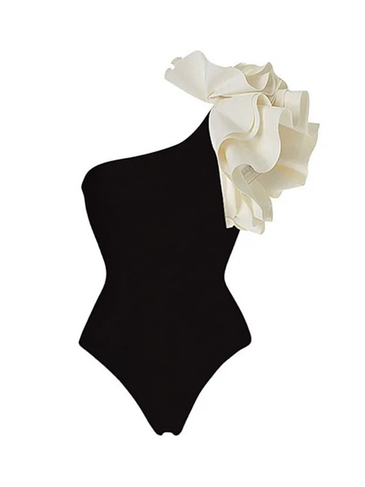 Sloping Shoulder Black One-Piece Swimsuit Beach Vacation Set