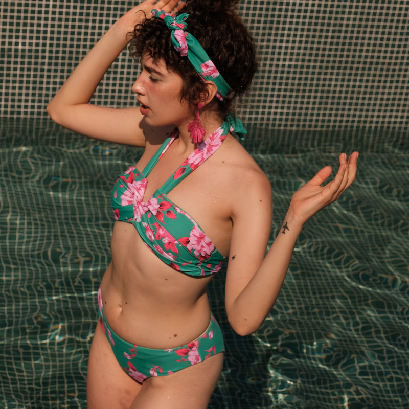 Floral Printed Halter Bikini Swimsuit and Sarong