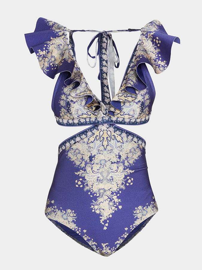 Deep V Ruffle Print One-Piece Swimsuit