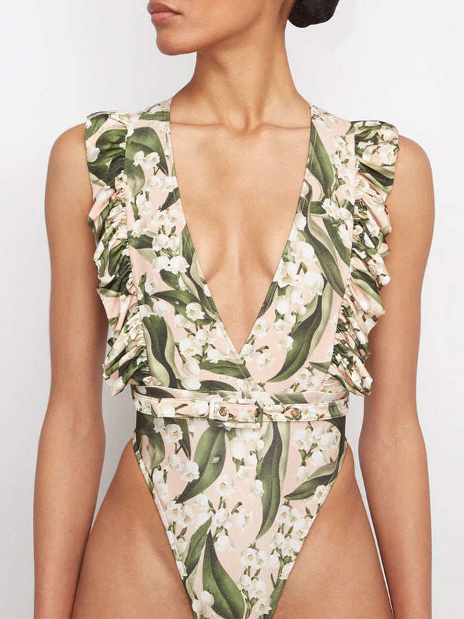 Deep V Floral Print Swimsuit