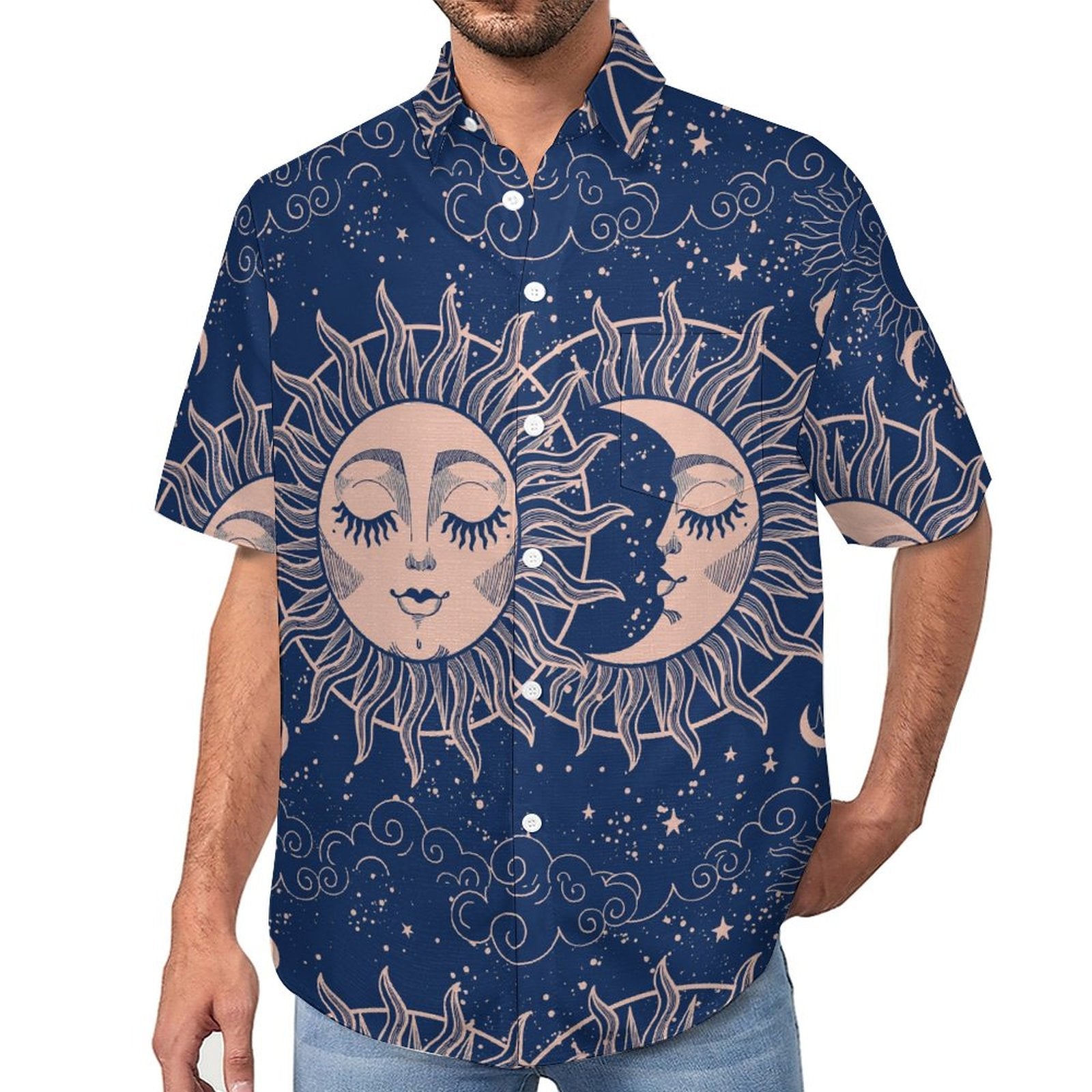 Men's Star And Moon Print Vacation Hawaiian Shirt 2306104046