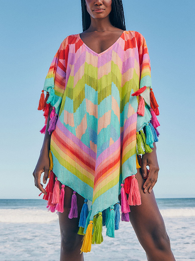 Fashion Rainbow Colorblock Beach Bikini Fringe Set