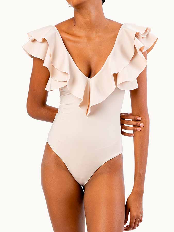 V-Neck Ruffled Solid Color One-Piece Swimsuit