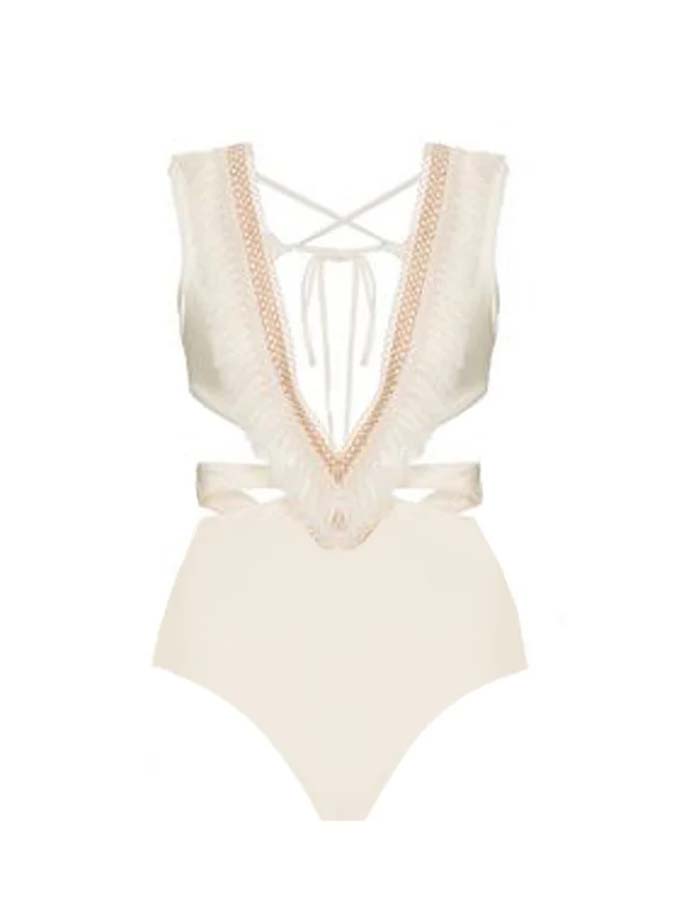V Neck Tassel Cut Out One Piece Swimsuit