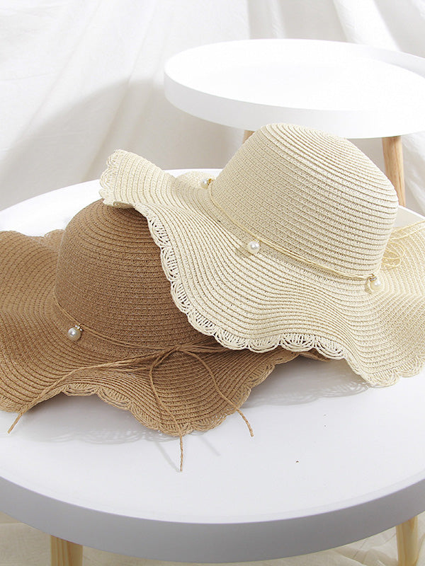 Wavy Edge Straw Woven Breathable Beaded Decorated Hat