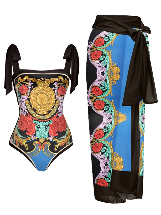 Vintage Colorblock Print Swimsuit and Cover-up