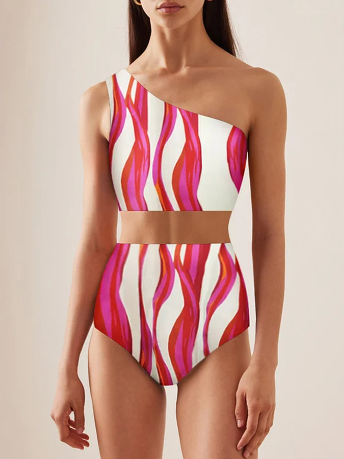 Geometric Print One Shoulder Printed Bikini Swimsuit and Pants