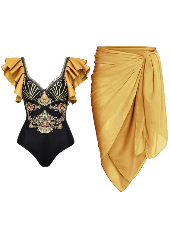 Ruffle Printed One Piece Swimsuit and Cover Up