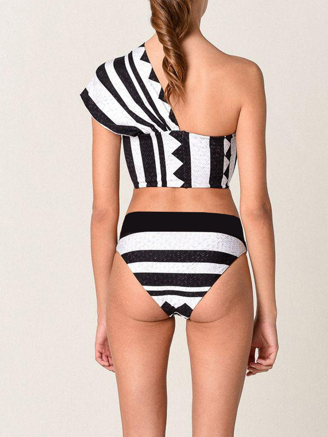 One Shoulder Striped Fashion Bikini Swimsuit