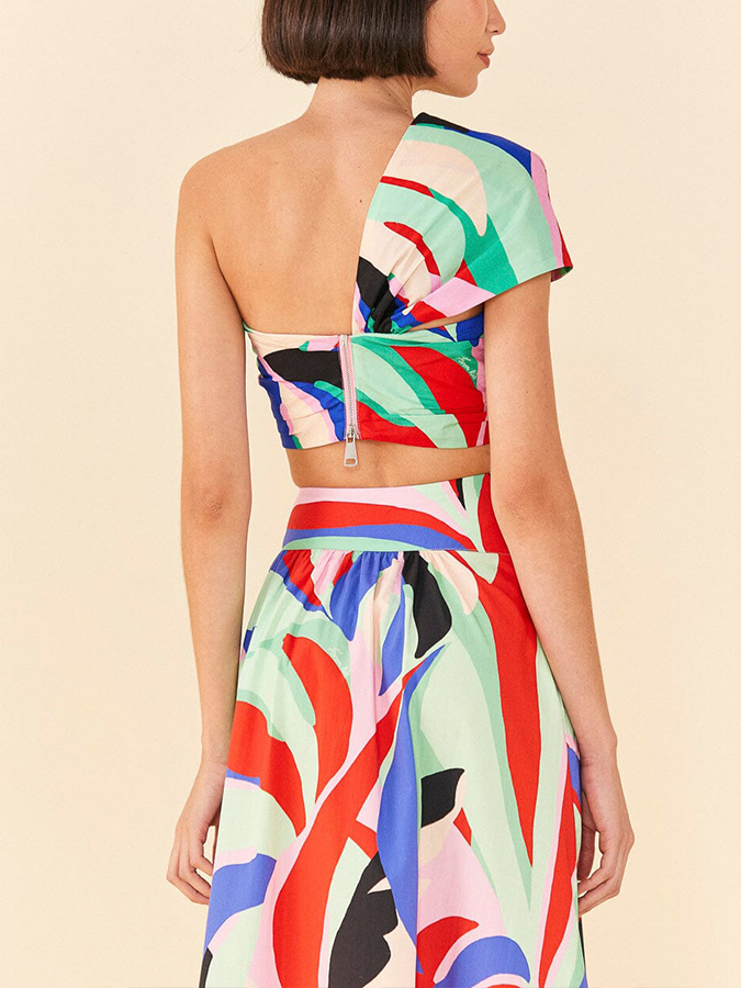 Vintage Colorblock Print Beach Bikini and Skirt