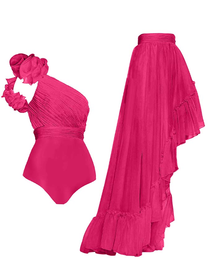 Solid Color One-Shoulder Wood Ear Trim One-Piece Swimsuit