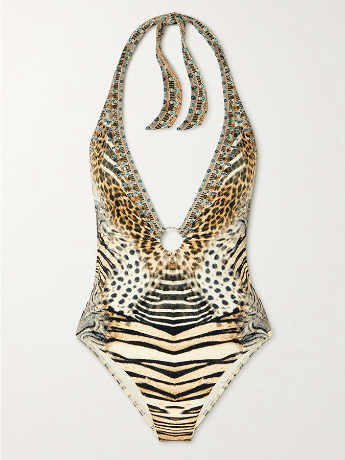 Vintage V-Neck Animal Print Beach One-Piece Swimsuit