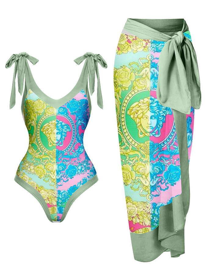 Panel Print Lace Up One Piece Swimsuit