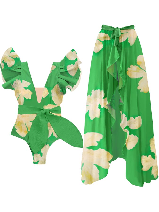 Ruffled Floral Colorblock Print Swimsuit and Cover-up