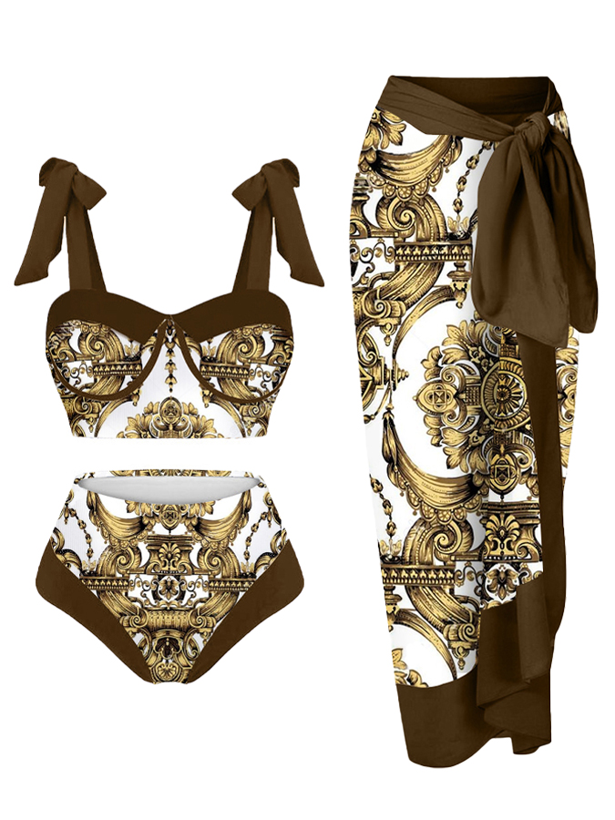Vintage Colorblock Print Swimsuit and Cover-up