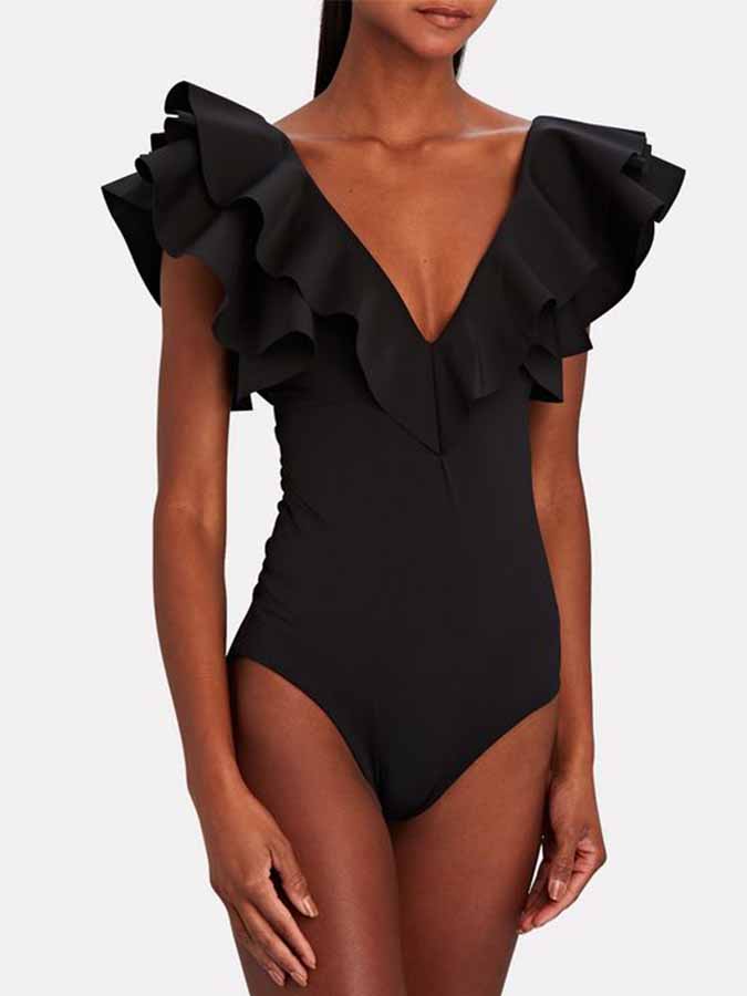 V-Neck Ruffled Solid Color One-Piece Swimsuit