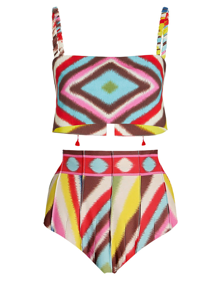 Fashion Colorblock Print Bikini Set And Skirt
