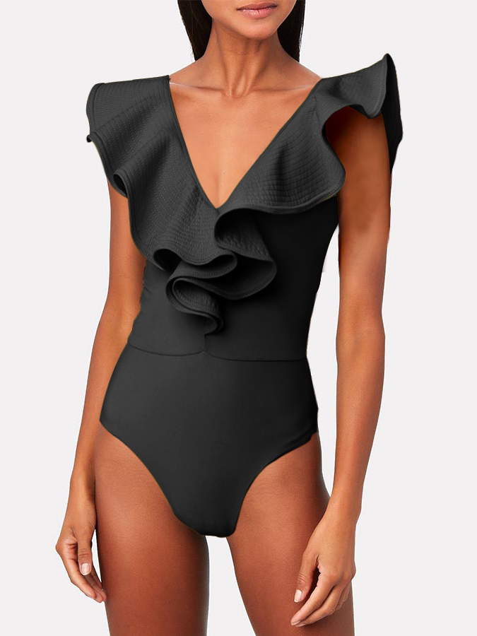 Solid V-Neck Cutout One-Piece Swimsuit