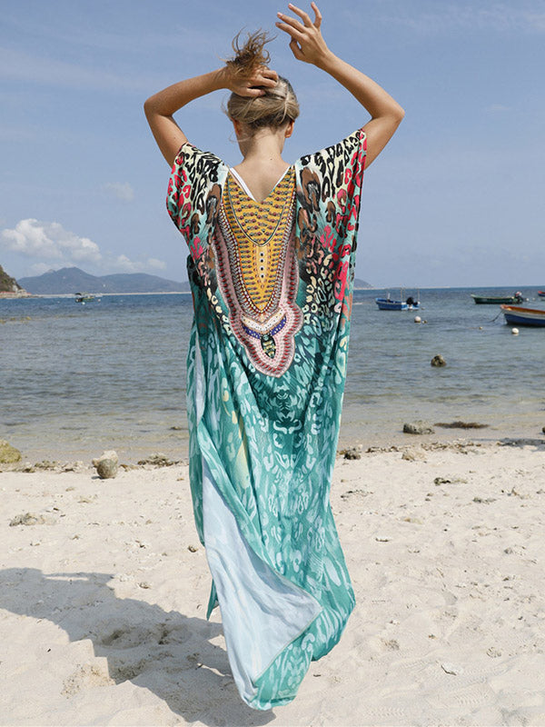 Half Sleeve V-Neck Floral Printed Split-Side Cover-Up Swimwear